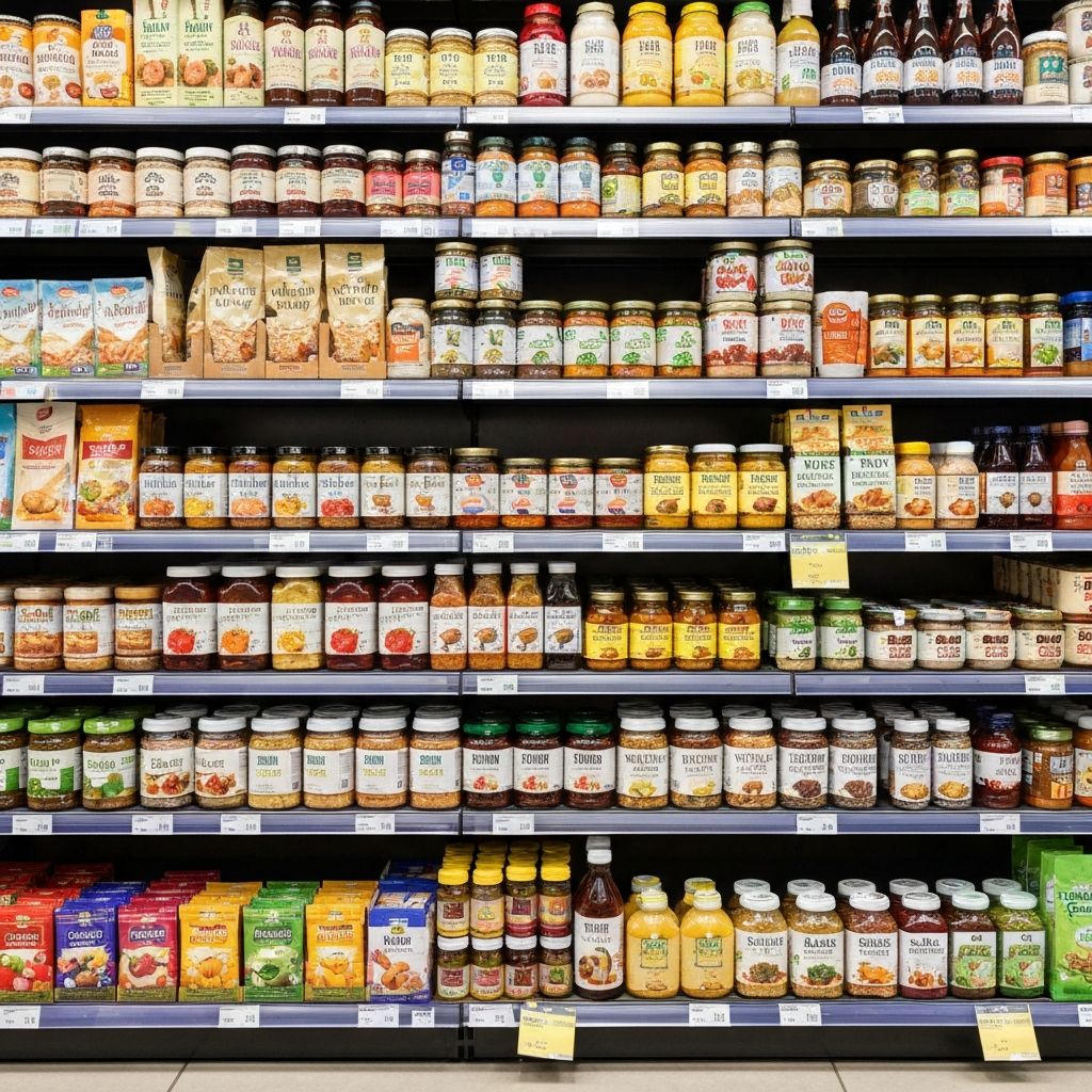 UK supermarket shelves with diverse food products